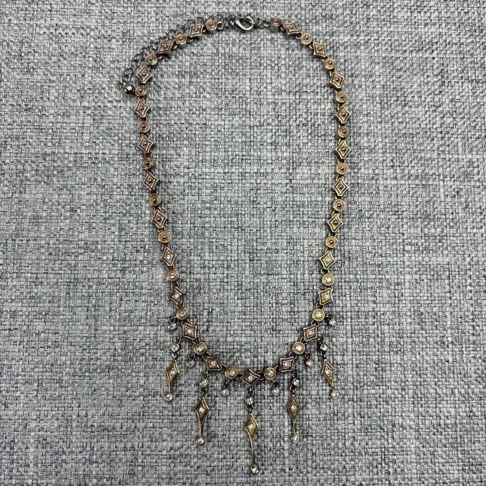 Vintage Style Mixed Metal Bronze Rhinestone Geometric Fringe Drop‎ 18" Necklace